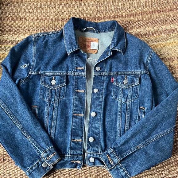 Levi's Jackets & Blazers - Levi's Light Blue Denim Jacket with Tan Leather Patch